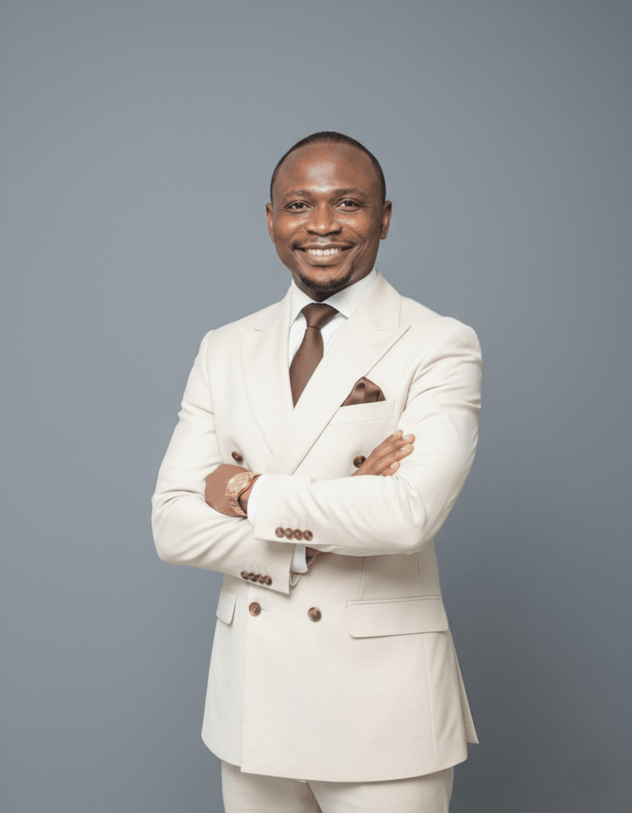 Kúnlé Ìlòrí-Diamond, real estate investor and strategist, arms folded in a cream double-breasted suit.