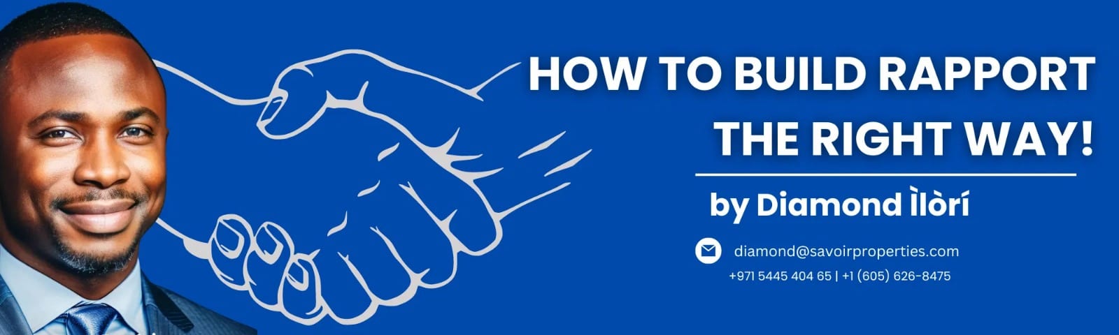 A banner reading “How to Build Rapport the Right Way! by Diamond Ìlòrí”, on sales rapport, beside Kúnlé Ìlòrí-Diamond and a line drawing of a handshake.