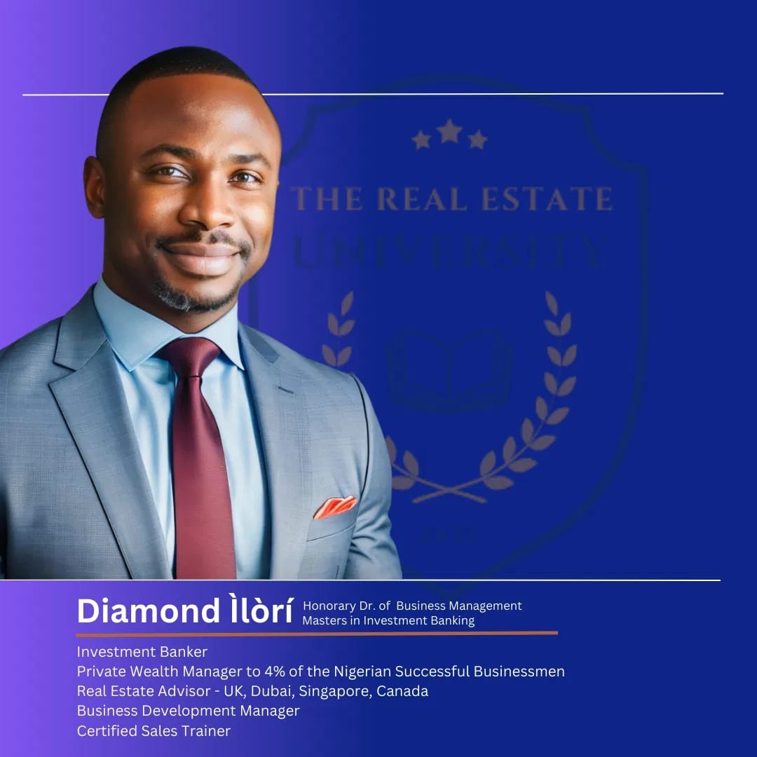 Kúnlé Ìlòrí-Diamond in a grey suit beside his credits: investment banker, private wealth manager and real estate advisor for the UK, Dubai, Singapore and Canada.