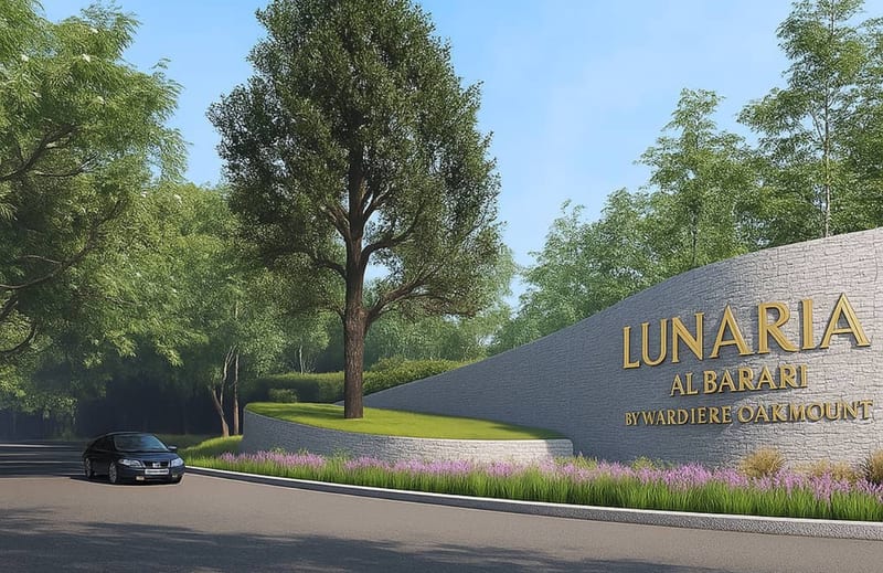 Rendering of a curved stone entrance wall reading “Lunaria Al Barari by Wardiere Oakmount”, set among trees.