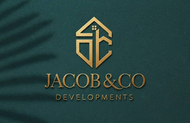 Jacob & Co Developments logo in gold on dark green.