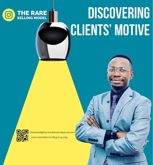 A Rare Selling Model graphic titled “Discovering Clients' Motive”, the real estate sales discovery roadmap, with a man in a grey suit beneath a pendant lamp.