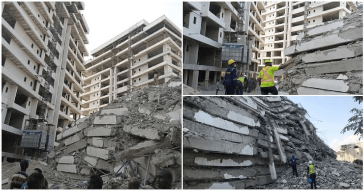 A collapsed multi-storey building in Nigeria, with rescue workers in hard hats searching the rubble, the kind of failure real estate regulation is meant to prevent.