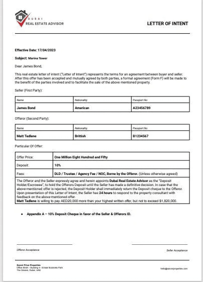 A sample real estate Letter of Intent from a Dubai advisor, setting out the seller, the offeror, the offer price, a 10% deposit and the fees.