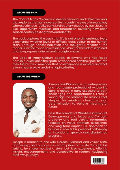 The book's back cover, with About the Book and About the Author panels beside a photograph of the author in a white suit.