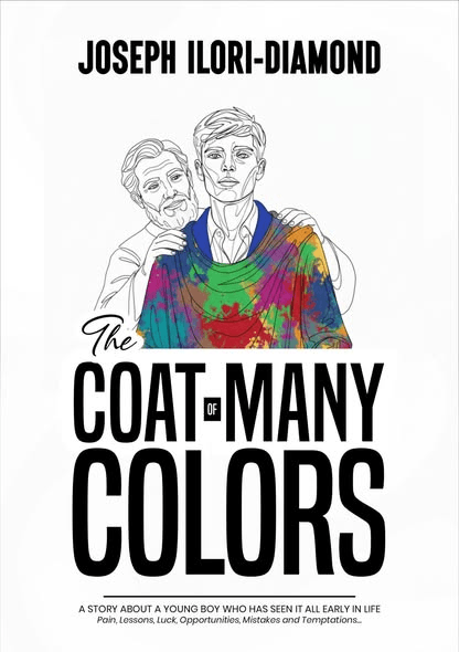 The cover of the book The Coat of Many Colors by Joseph Ilori-Diamond, showing a line-drawn man in a coat of paint splashes.